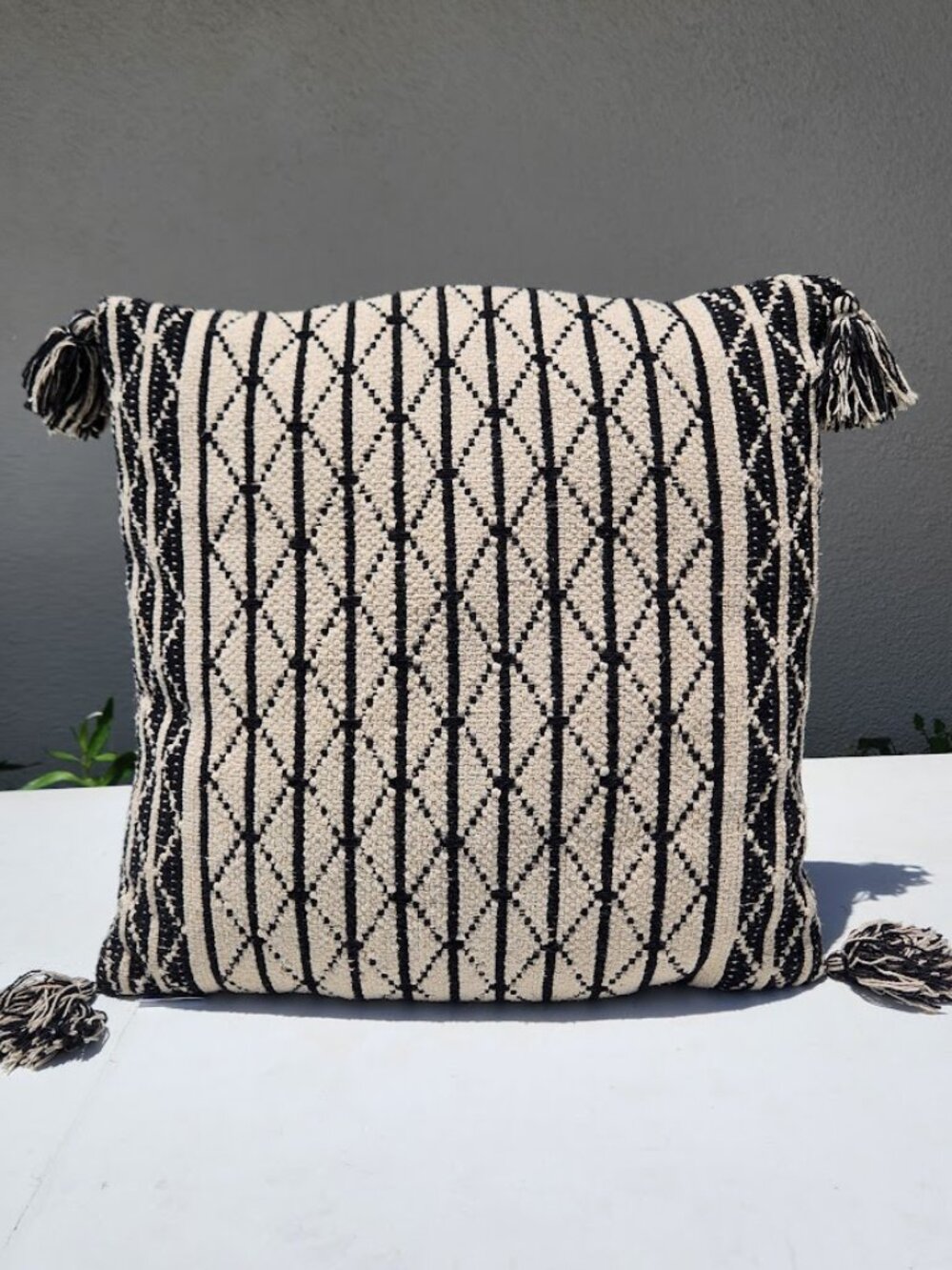 Hand Woven Geometric Accent Throw Pillow Creme Black Off White with Tassels 21"